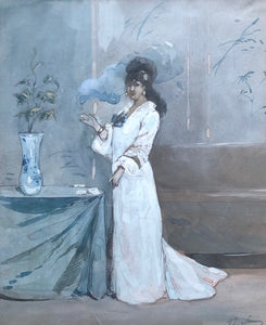 Henry Somm, Enjoying a Cigarette, watercolour and gouache - Lyklema Fine Art