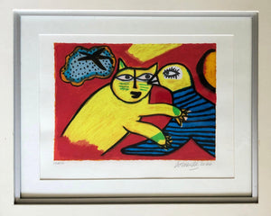 Corneille, Yellow Cat With Bird - for sale at Lyklema Fine Art