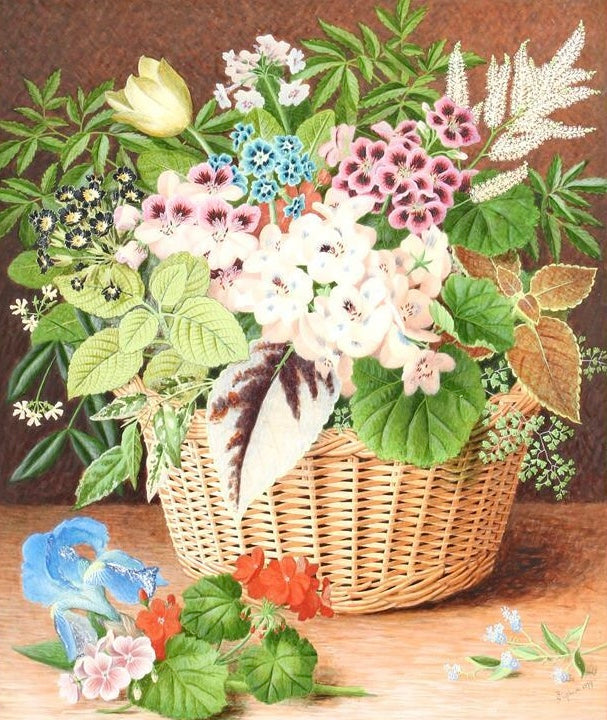 James T. Clapham, A flower still life in a basket - Lyklema Fine Art