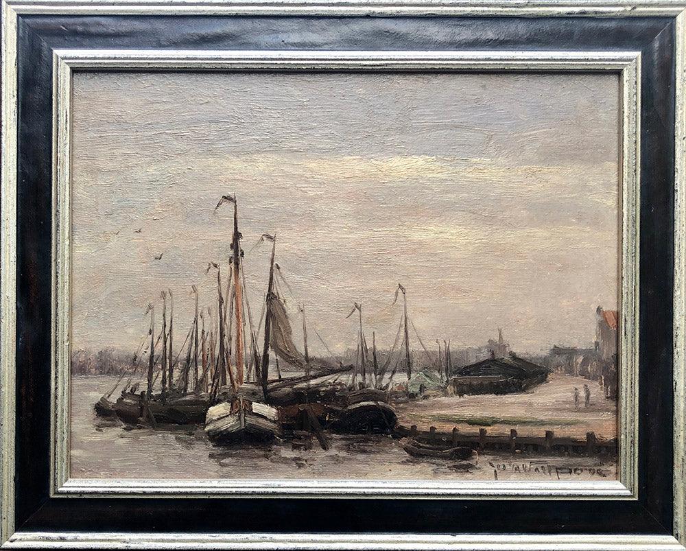 Joseph van de Wall Perné, Moored Boats, oil on panel - for sale at Lyklema Fine Art